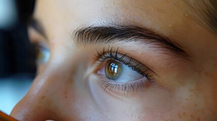 A woman with brown hair and green eyes is looking at the camera