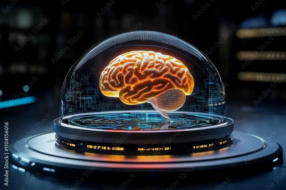 Poster a futuristic brain encased in a glowing glass chamber, surrounded by holographic data and advanced a