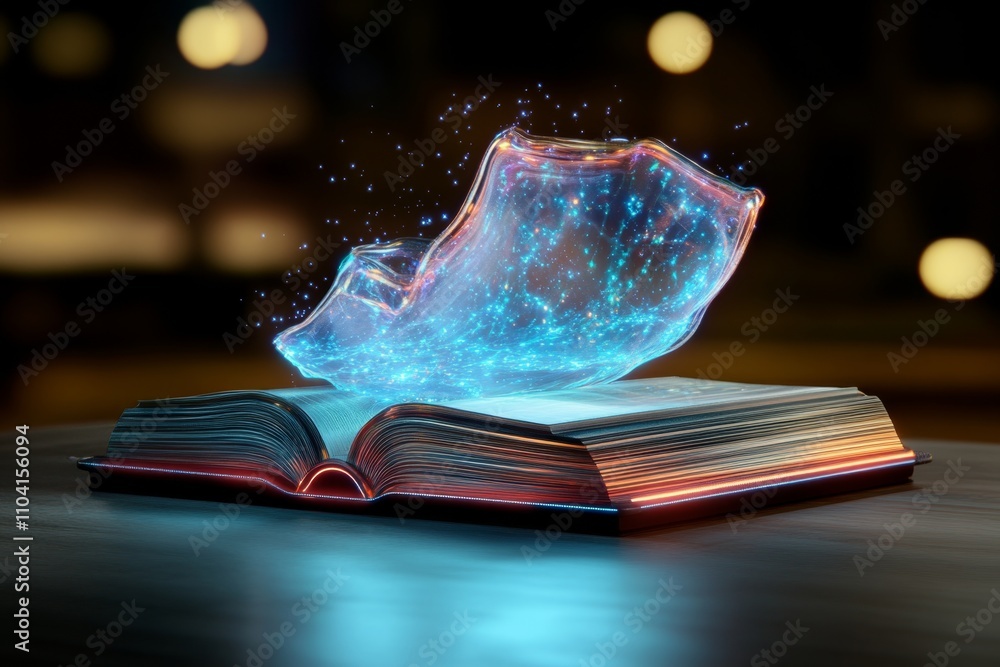 Aufkleber a futuristic digital book displayed on a glowing holographic screen, with neon-lit surroundings and 