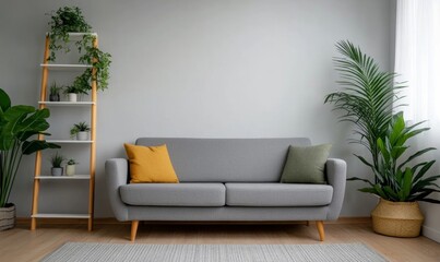 Fototapeta premium Living room interior featuring a wooden ladder, gray sofa, and white shelf units with cozy decor 