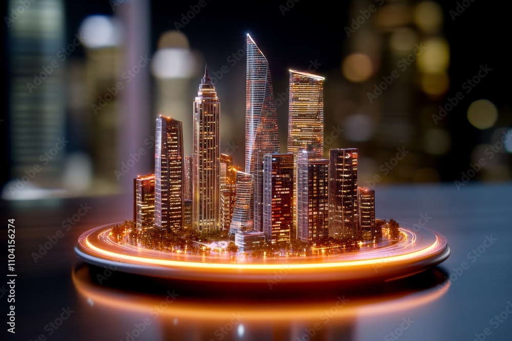Poster a futuristic holographic blueprint displaying a rotating 3d model of a smart city, with glowing line