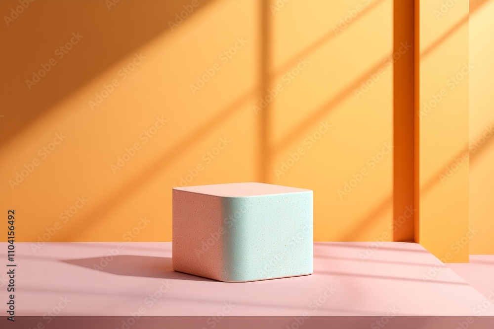 Poster a geometric illustration of a cube-shaped box with simple pastel shades, set against a flat backgrou