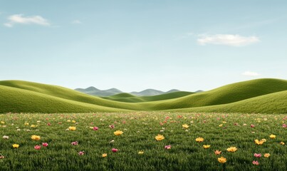 Obraz premium Majestic green hills with vibrant floral blooms against a clear sky, incorporating lush greens and vivid multicolors 