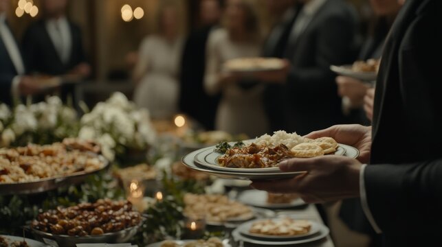 A buffet table with gourmet dishes elegantly arranged, offering a range of delectable options for guests to enjoy at an upscale event.