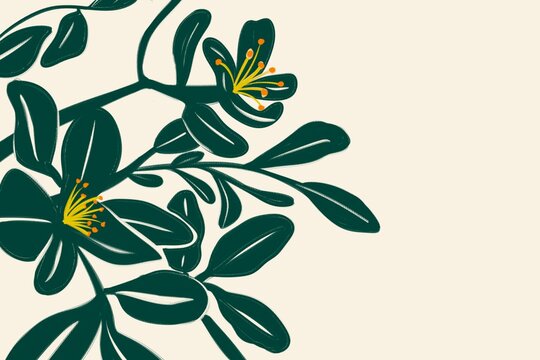 Minimalist floral illustration with green leaves and simple blooms