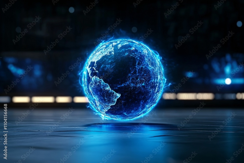 Poster a glowing blue sphere floating in a dark, futuristic room with neon grids and holographic displays
