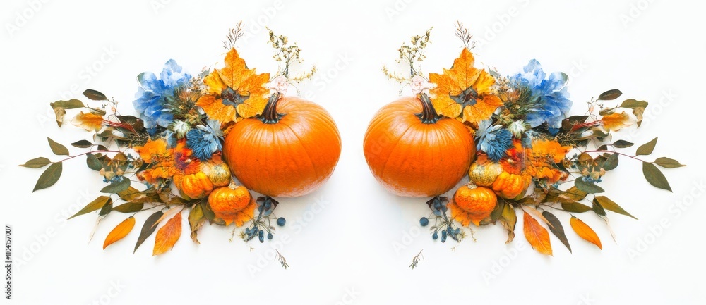 Poster The image of autumn leaves and a pumpkin is displayed on a white background as a copy space display