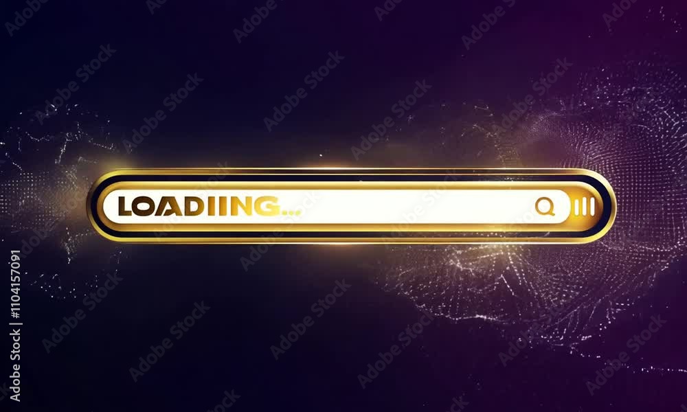 Poster golden search bar loading with particles on purple background