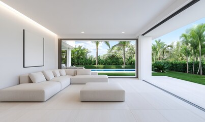 Fototapeta premium Modern white living room interior with stunning backyard view; uses white, green, and natural colors 
