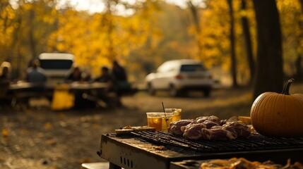Fototapeta premium A picturesque forest setting with a barbecue grill and RVs in autumn