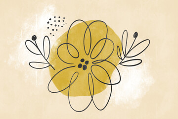 Minimalist floral illustration with abstract yellow accents