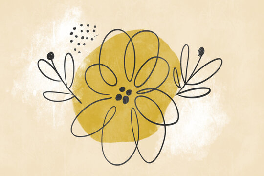 Minimalist floral illustration with abstract yellow accents