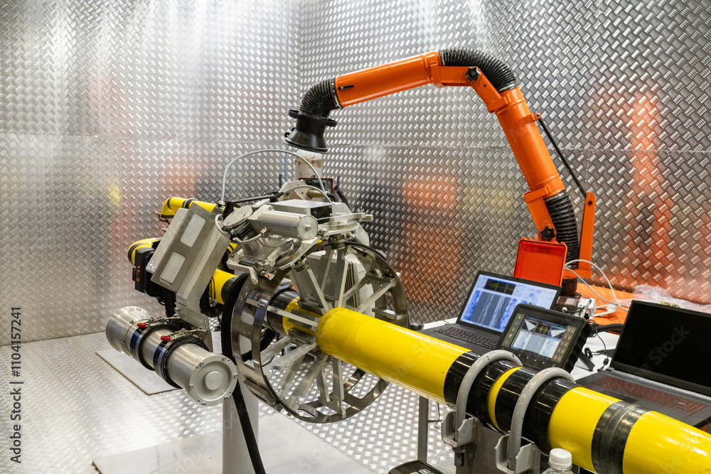Poster automatic pipes welding. robotic pipeline connection processor. automatic welding work in production