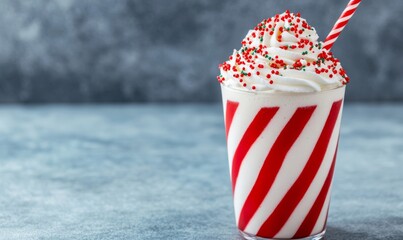 Obraz premium Peppermint milkshake layered with red and white stripes, topped with a swirl of whipped cream and festive sprinkles, bright and cheerful presentation 