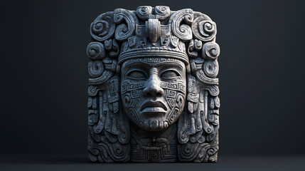 Intricately detailed stone sculpture of an ancient face with symbolic carvings and a headdress, reflecting mesoamerican art style. Symbolic. Illustration