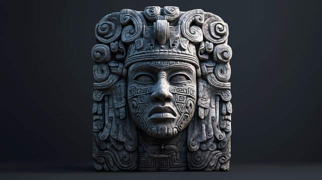 Intricately detailed stone sculpture of an ancient face with symbolic carvings and a headdress, reflecting mesoamerican art style. Symbolic. Illustration