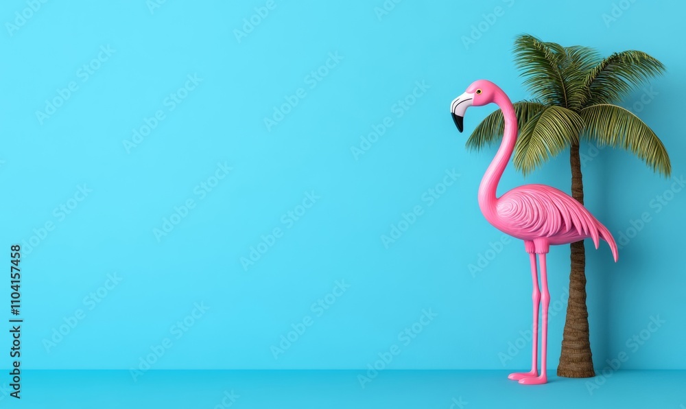 Poster pink flamingo with a palm tree on a summer blue background in vibrant 3d rendering colors