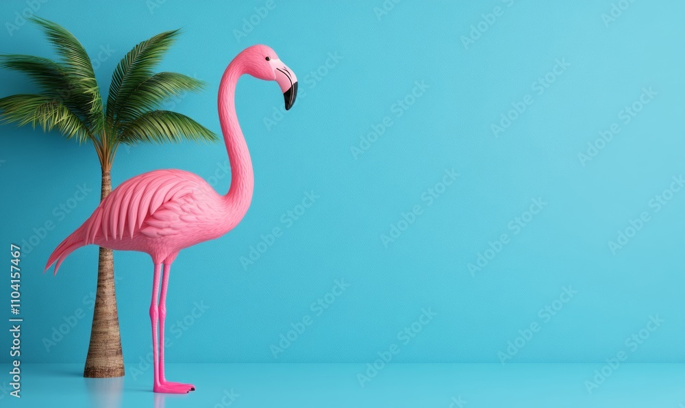 Poster pink flamingo with a palm tree on a summer blue background in vibrant 3d rendering colors