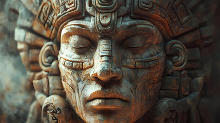 Intricately detailed stone sculpture of an ancient face with symbolic carvings and a headdress, reflecting mesoamerican art style. Symbolic. Illustration