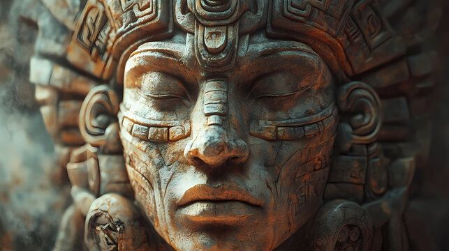 Intricately detailed stone sculpture of an ancient face with symbolic carvings and a headdress, reflecting mesoamerican art style. Symbolic. Illustration