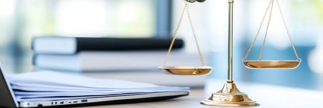 Gold justice scales beside books and a closed laptop