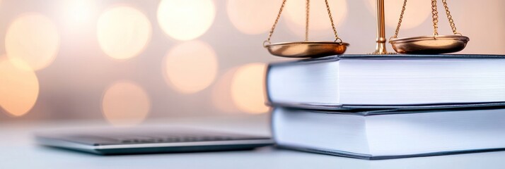 Elegant justice scales atop stack of legal reference books