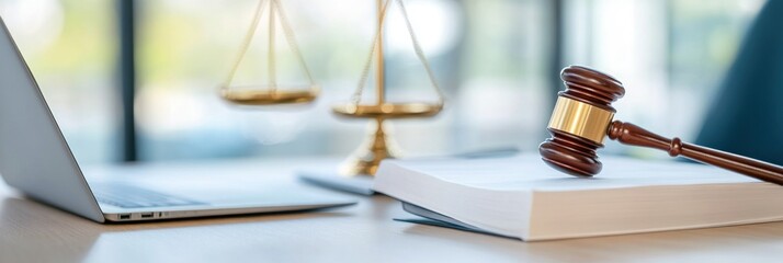 Justice scale and gavel on book with open laptop nearby
