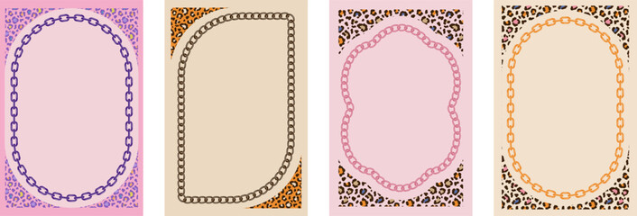 Collection of stylish fashion frames with leopard, cheetah skin pattern, gold chains, textured. Wallpaper, cards, vertical posters, abstract backgrounds and template design © Marina Zlochin