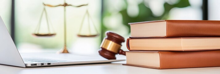 Gavel and books near laptop with justice scales behind