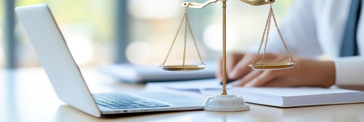Legal consultation setting with scales and laptop.