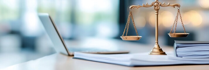 Classic justice scales on a desk next to a laptop