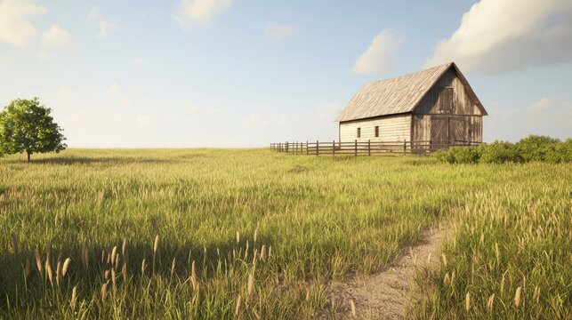 Tranquil Countryside Scene with Quaint Barn and Wooden Fence in Summer - Ultra-Detailed Photorealistic Image
