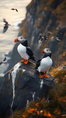 Fototapeta premium Majestic trio of puffins posing against a serene seascape.