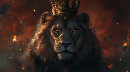 Naklejka premium Of a majestic lion wearing a crown in a christian concept art, lion, crown, christianity, concept art,majestic, regal, symbolic. Symbolic. Illustration