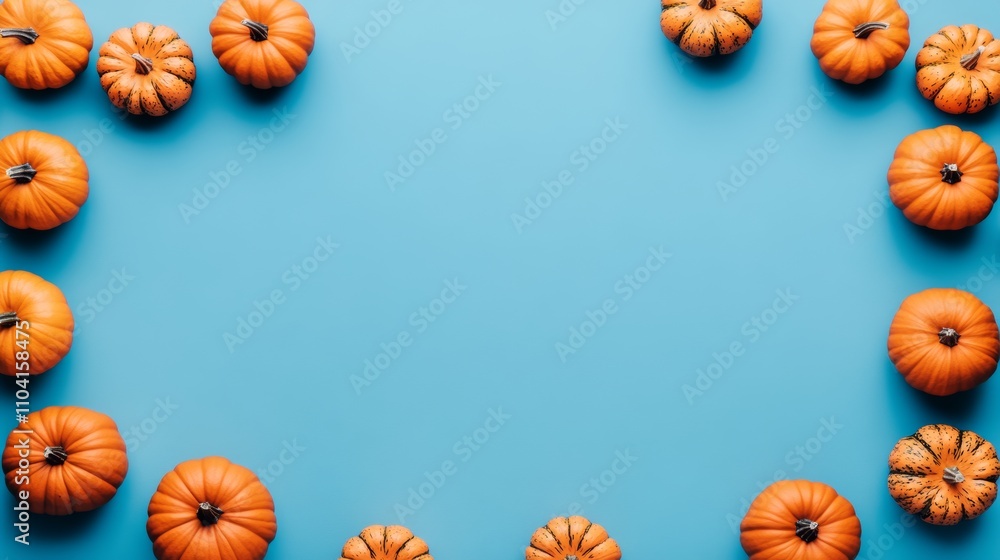 Poster the thanksgiving pumpkins on a blue background with empty space are generated using stock