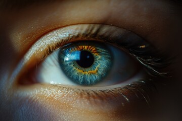 Close-up shot of a blue human eye with eyelashes and pupil
