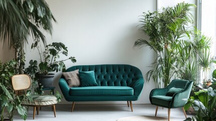 Fototapeta premium A modern living room interior with a green velvet sofa, armchair, and potted plants.