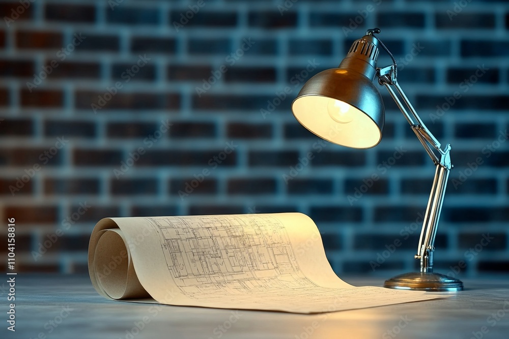 Poster A hyper-realistic close-up of a blueprint intricate details, showing the fine texture of the paper and precise inked lines under a desk lamp
