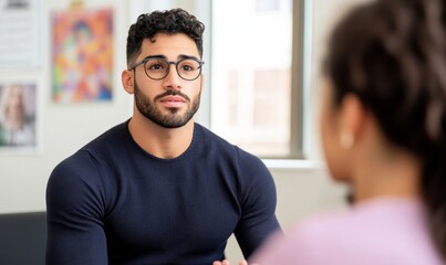 Obraz premium Student sitting in a brightly lit college admissions office, speaking to a counselor, with motivational posters on the walls, professional and welcoming 