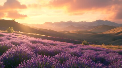 Obraz premium A serene lavender field at sunset, showcasing vibrant colors and tranquil landscape.