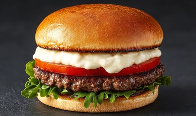 Tasty Smash Cheeseburger with white cheese, golden bun, crisp greens, juicy beef, and vibrant red tomatoes 