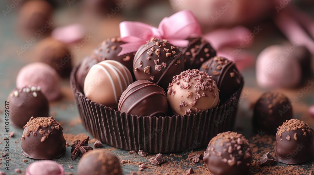 Poster delightful assortment of handcrafted chocolate truffles in elegant display with decorative ribbon. g