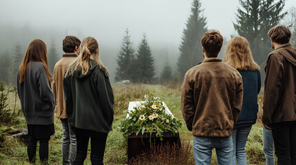 Somber scene of mourners gathered around a grave surrounded by nature in a foggy atmosphere for a memoria