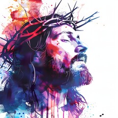 Fototapeta premium Watercolor portrait of Jesus Christ, showcasing vibrant hues and a crown of thorns.