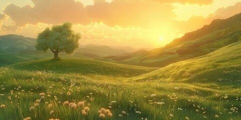 A serene landscape at sunset with rolling hills, a lone tree, and blooming flowers.