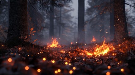 Fototapeta premium An autumn forest with glowing embers and a small campfire