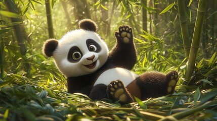 Obraz premium A playful panda lying in a bamboo forest, exuding joy and cuteness.