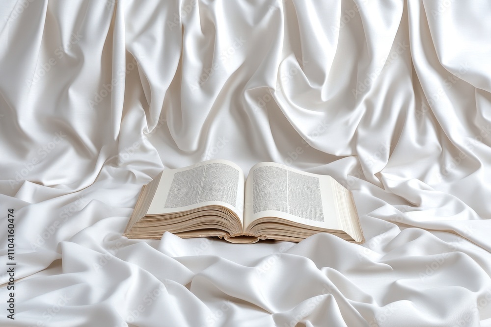 Poster A minimalist depiction of an open old book with pages curling, surrounded by subtle shading on a white canvas