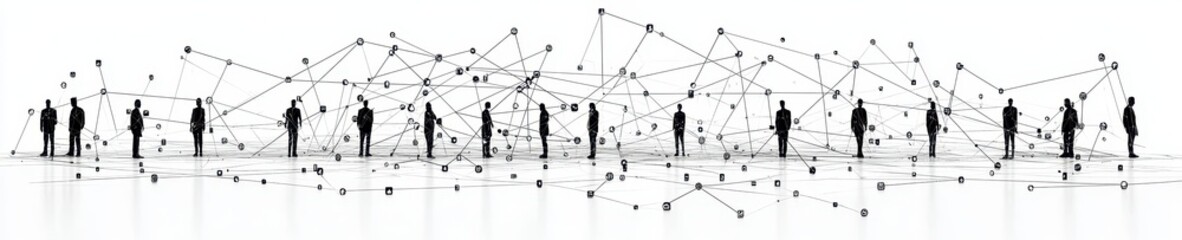A monochrome illustration of interconnected figures representing networking, collaboration, and communication in a digital environment.