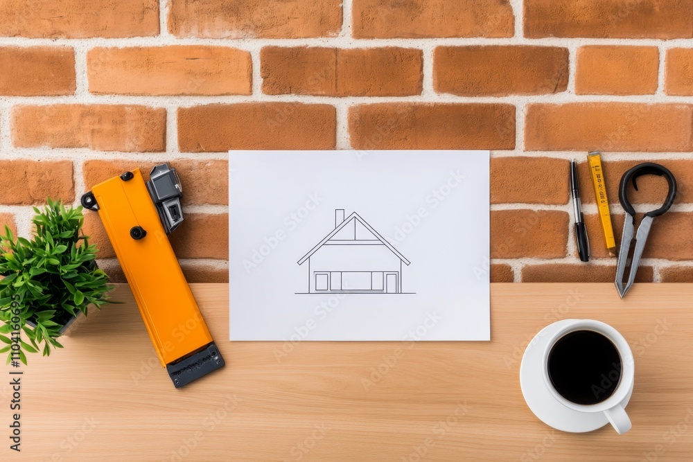 Poster A minimalist office with a clean desk setup, featuring a single open blueprint surrounded by sleek tools